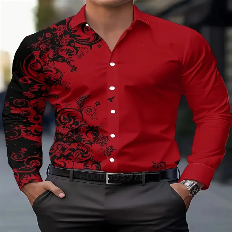 Men's classic printed shirt spring and autumn casual breathable lapel button long-sleeved shirt daily office comfortable and sof