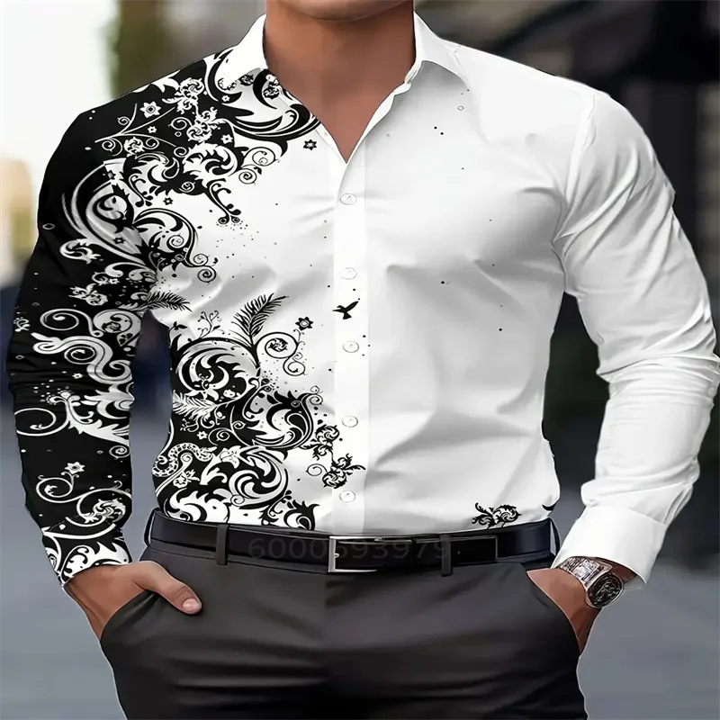 Men's classic printed shirt spring and autumn casual breathable lapel button long-sleeved shirt daily office comfortable and sof