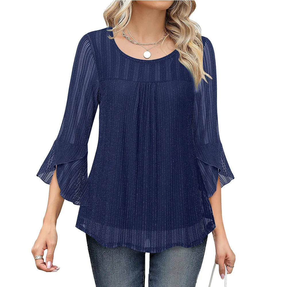 Women Fashion Blouses Flare Sleeve Elegant Ladies O-Neck Tunic Tops 2025 New Spring Summer Casual Ruffles Mesh Patchwork Shirts