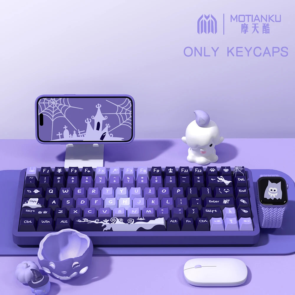 138/158 key with purple-black color scheme and anime-style keycaps, made of PBT material, with five-sided printing technology