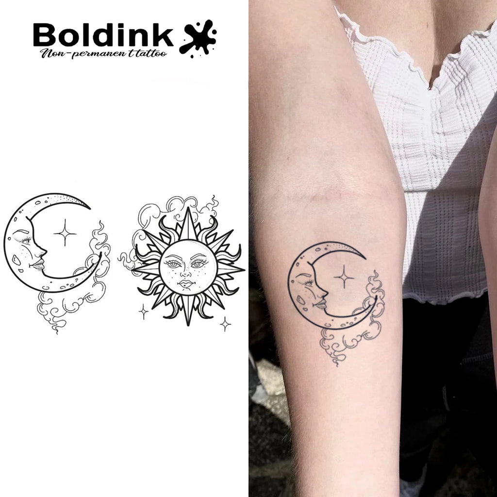 Moon And Sun Temporary Tattoo,Lasts To 15 Days New Technology Magic Waterproof Semi Permanent Sticker.