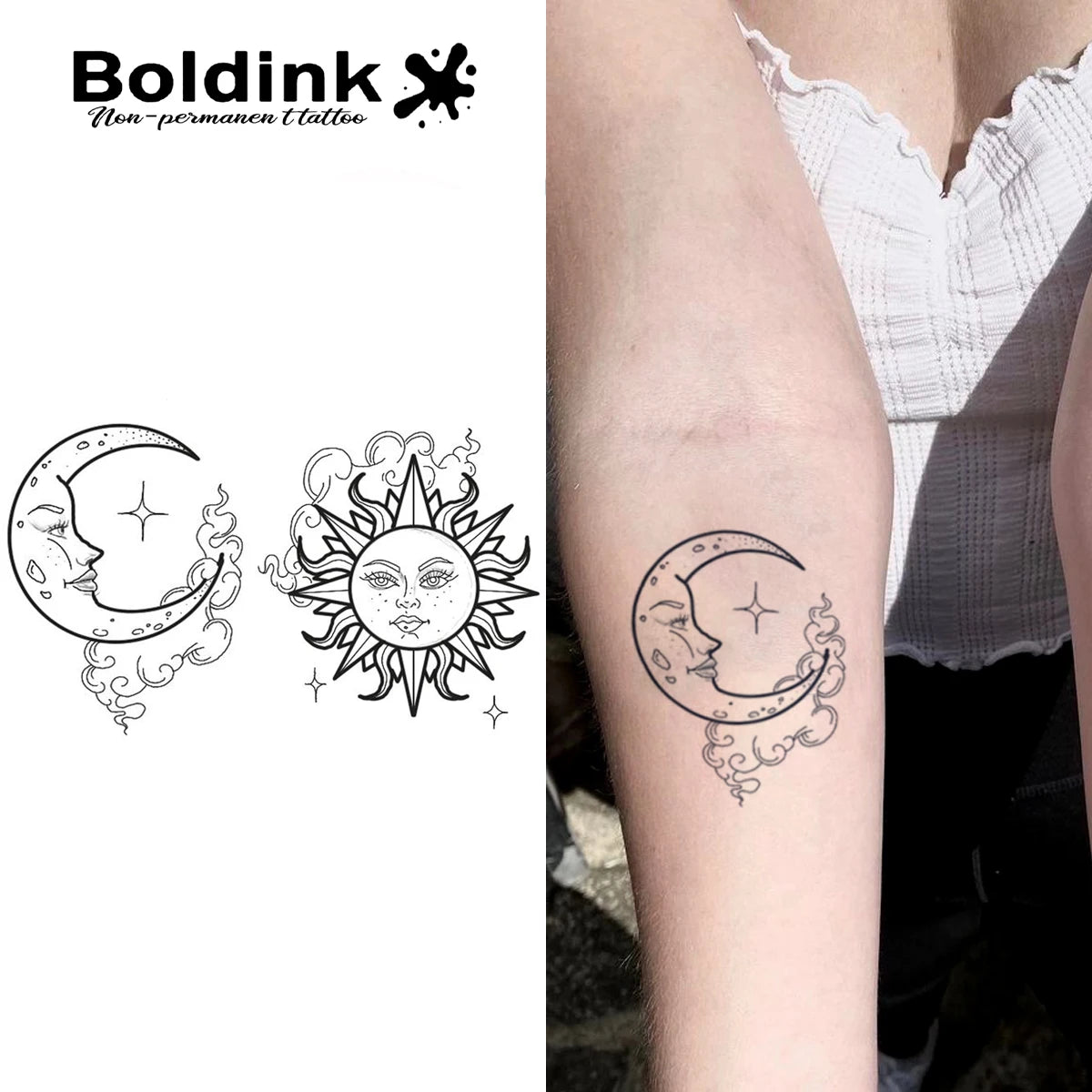 Moon And Sun Temporary Tattoo,Lasts To 15 Days New Technology Magic Waterproof Semi Permanent Sticker.