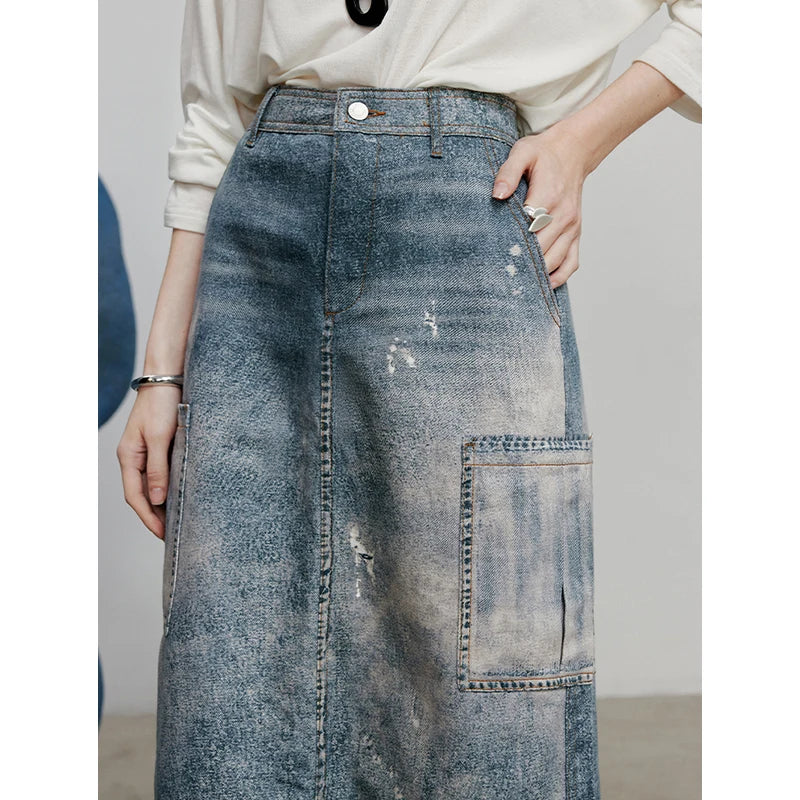 TOYOUTH Denim Skirt 2025 Spring New Vintage Printed High Waist Ankle Length H Shape Skirt