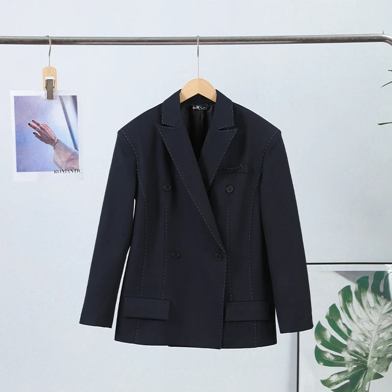 Fashion Line Women's Blazers Coat Shoulder Pads Long Sleeve Lapel Female Jackets 2026 Spring Doubel-breasted Office Lady Coats