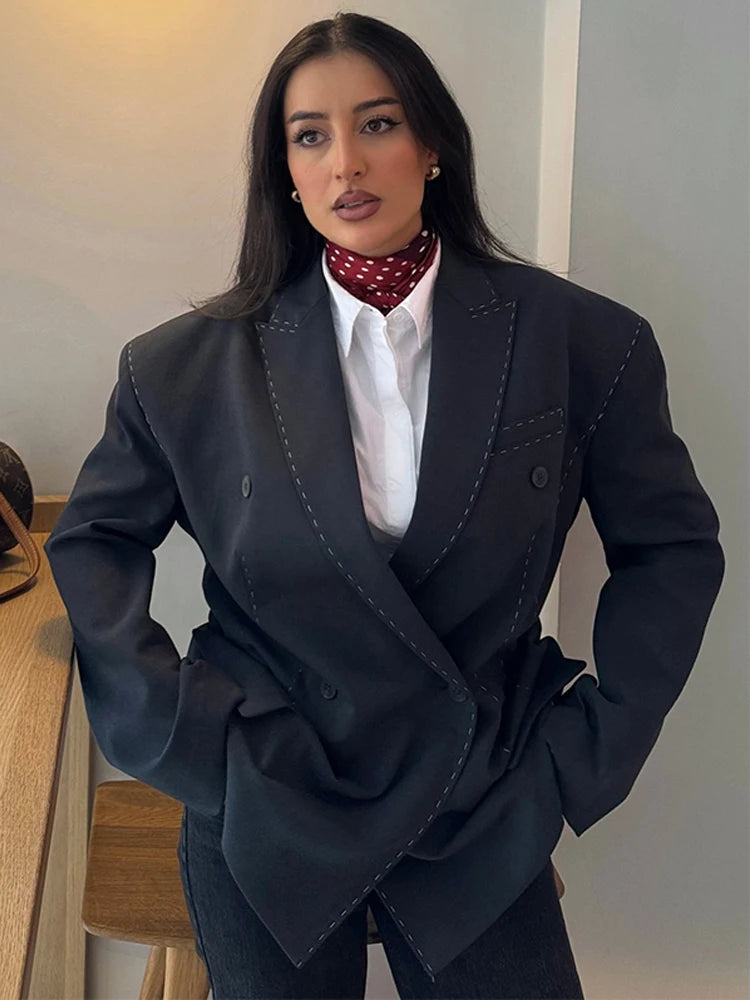 Fashion Line Women's Blazers Coat Shoulder Pads Long Sleeve Lapel Female Jackets 2026 Spring Doubel-breasted Office Lady Coats