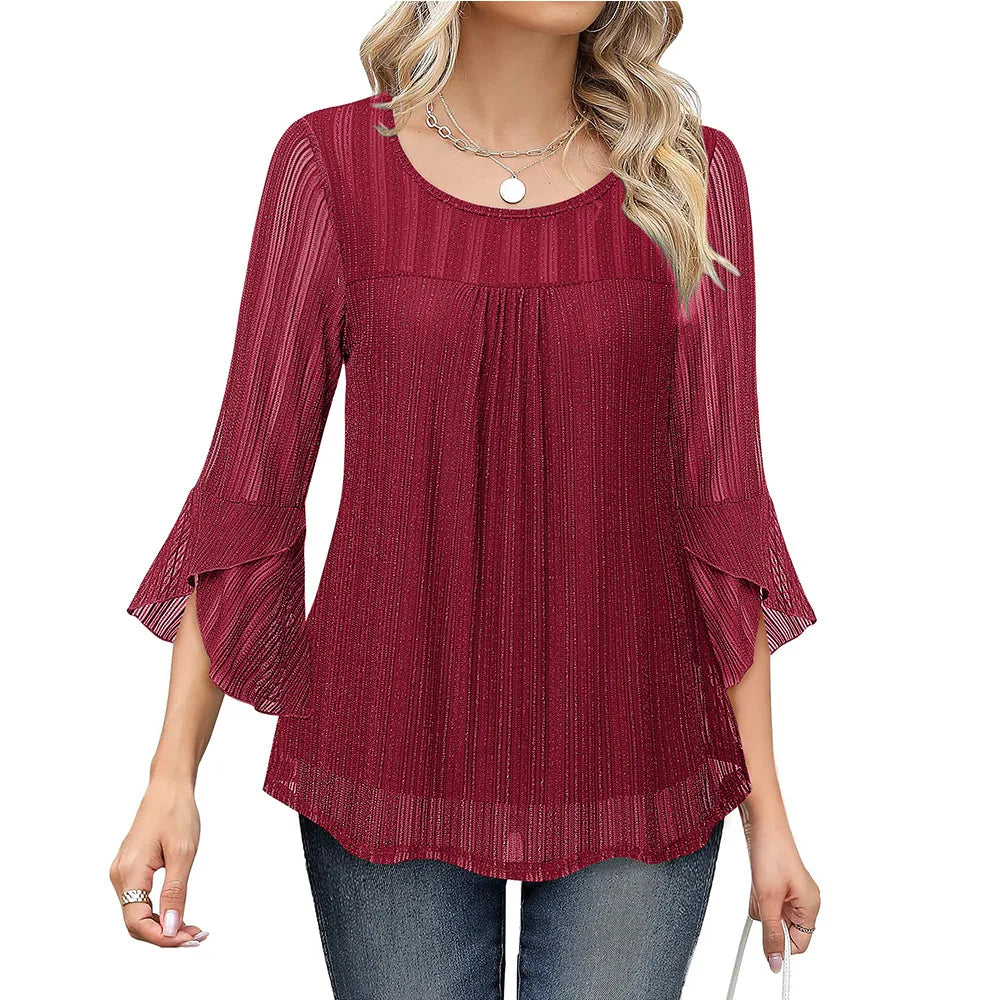 Women Fashion Blouses Flare Sleeve Elegant Ladies O-Neck Tunic Tops 2025 New Spring Summer Casual Ruffles Mesh Patchwork Shirts