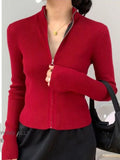 Spring Autumn Zipper Cardigan Women Sweaters Knitted Long Sleeve Stand-up Collar Tops Korean Fashion Short Sweater for Female