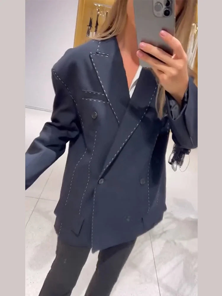 Fashion Line Women's Blazers Coat Shoulder Pads Long Sleeve Lapel Female Jackets 2026 Spring Doubel-breasted Office Lady Coats