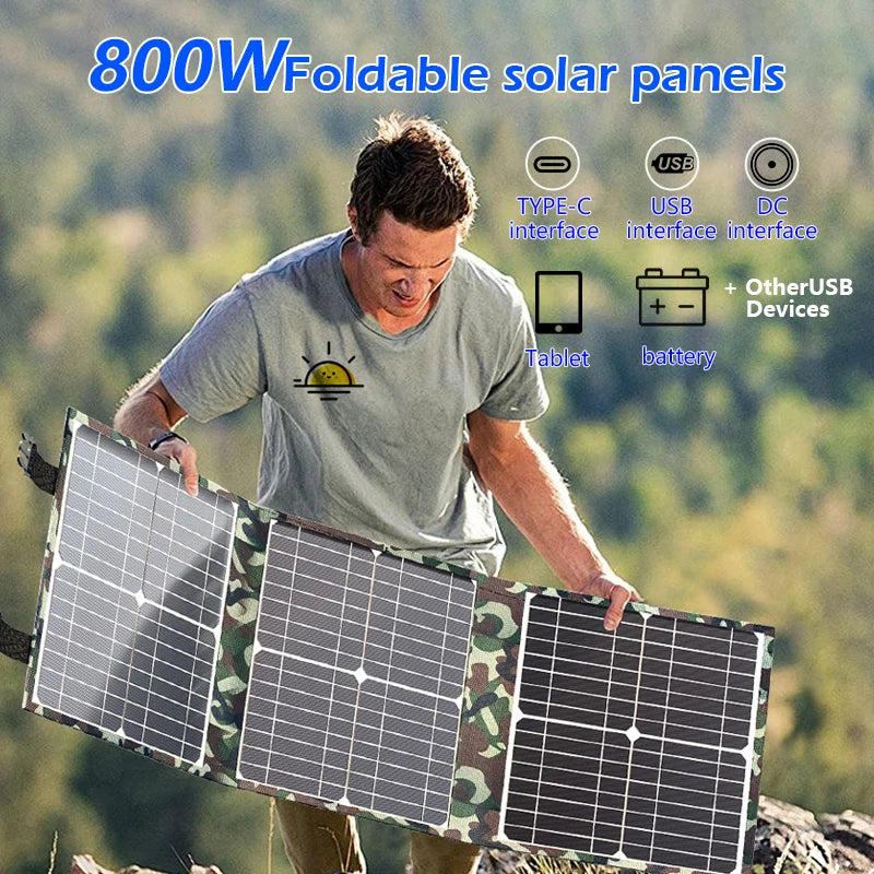 800W Foldable Solar Panel Portable Solar Charger 12v Battery Power Station 5V USB Mobile Phone Power Bank Laptop Camper Hiking