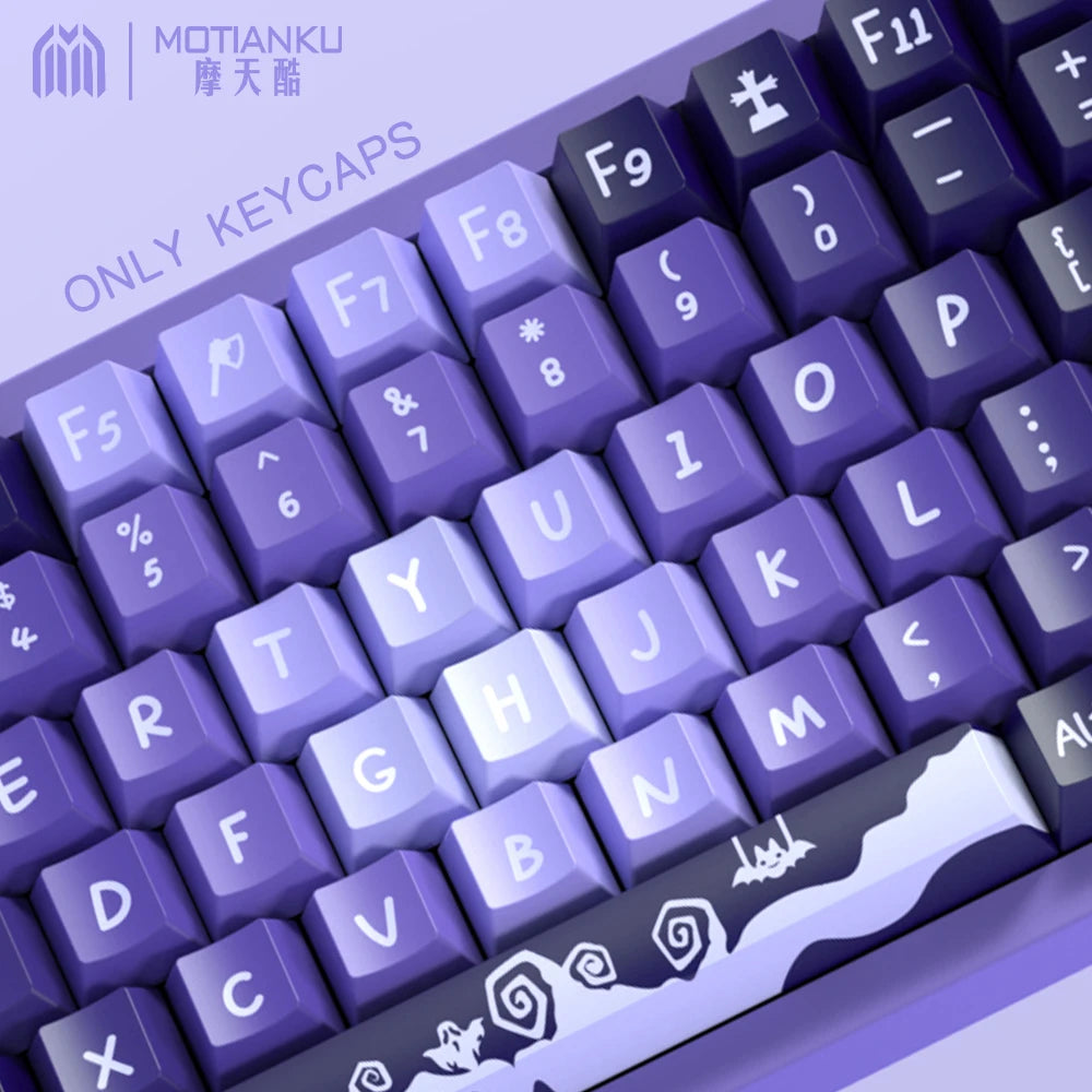 138/158 key with purple-black color scheme and anime-style keycaps, made of PBT material, with five-sided printing technology