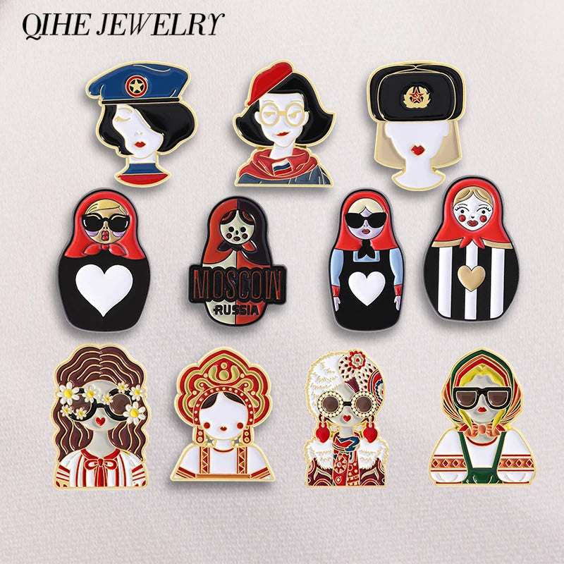 Russian Cultural Costume Collected Enamel Pin Classic Russian Nesting Doll Metal Brooches Lapel Badge Jewelry Gift for Friends