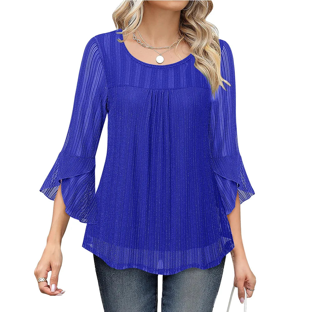 Women Fashion Blouses Flare Sleeve Elegant Ladies O-Neck Tunic Tops 2025 New Spring Summer Casual Ruffles Mesh Patchwork Shirts