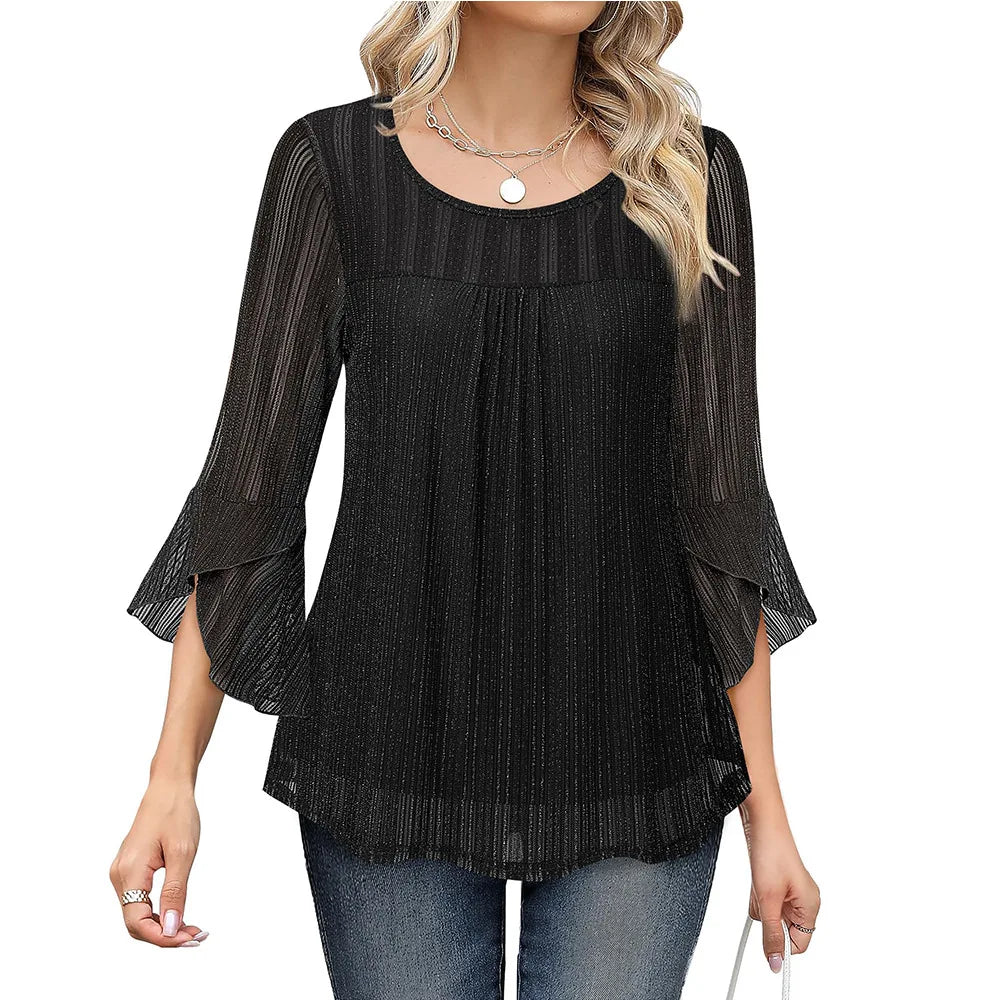 Women Fashion Blouses Flare Sleeve Elegant Ladies O-Neck Tunic Tops 2025 New Spring Summer Casual Ruffles Mesh Patchwork Shirts