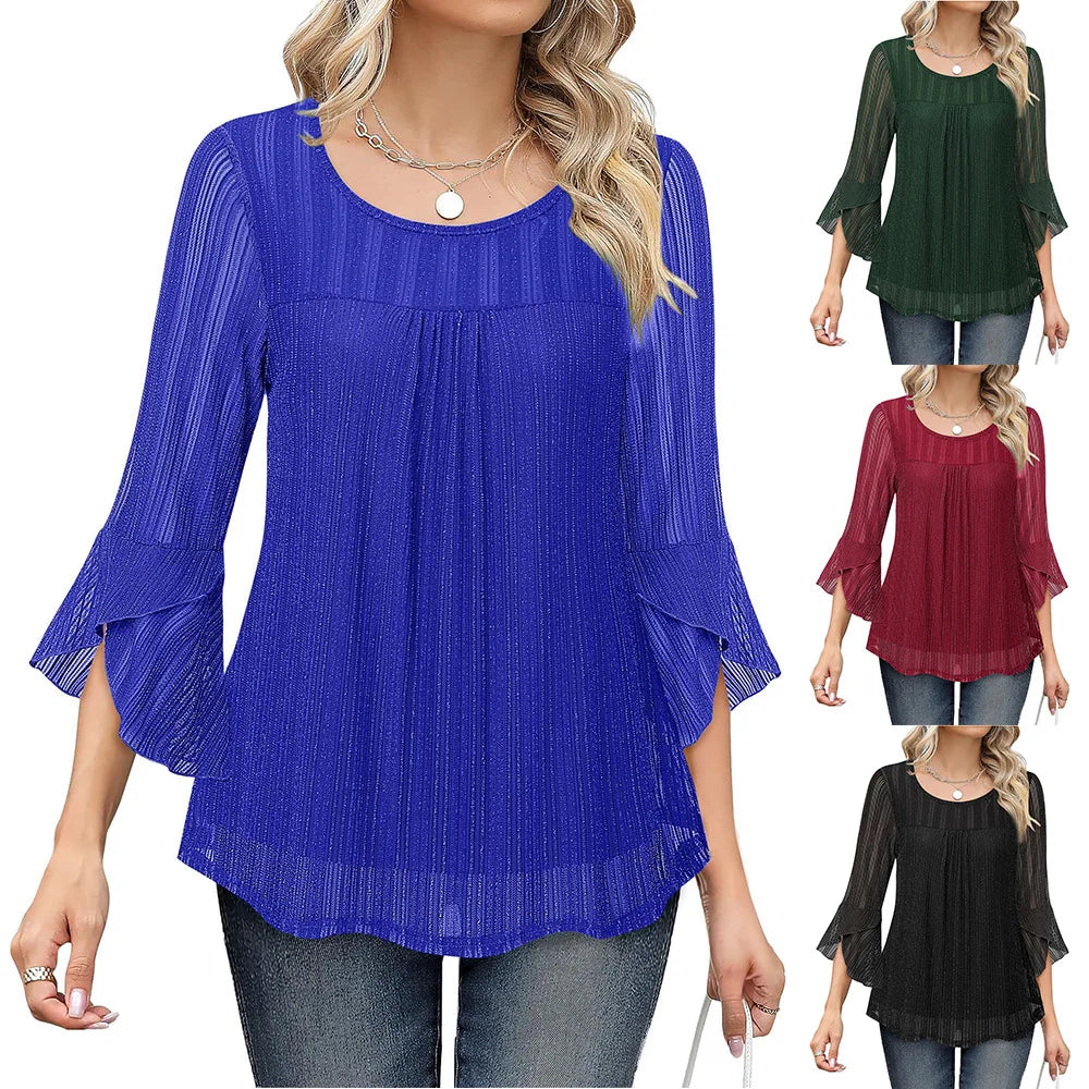 Women Fashion Blouses Flare Sleeve Elegant Ladies O-Neck Tunic Tops 2025 New Spring Summer Casual Ruffles Mesh Patchwork Shirts