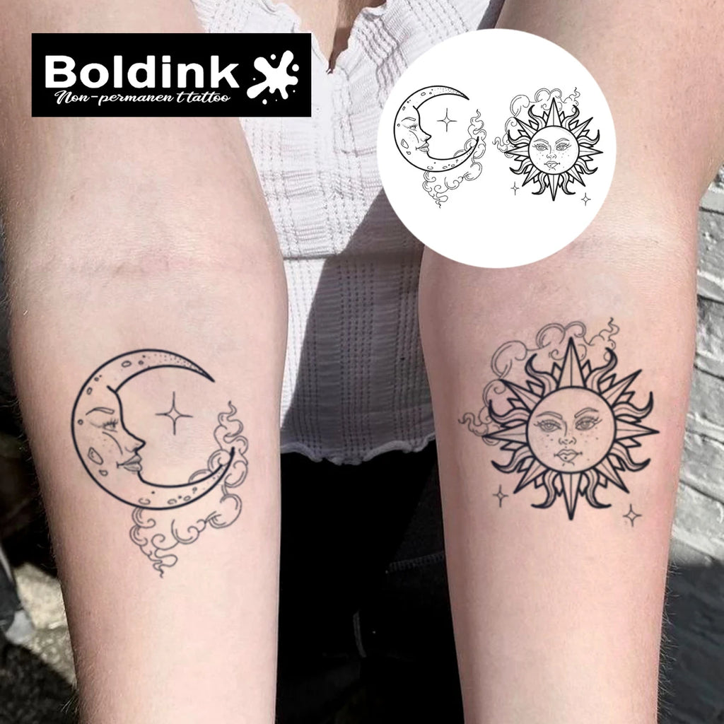 Moon And Sun Temporary Tattoo,Lasts To 15 Days New Technology Magic Waterproof Semi Permanent Sticker.