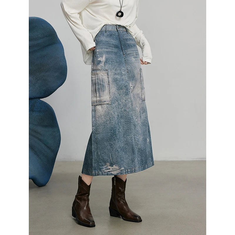 TOYOUTH Denim Skirt 2025 Spring New Vintage Printed High Waist Ankle Length H Shape Skirt