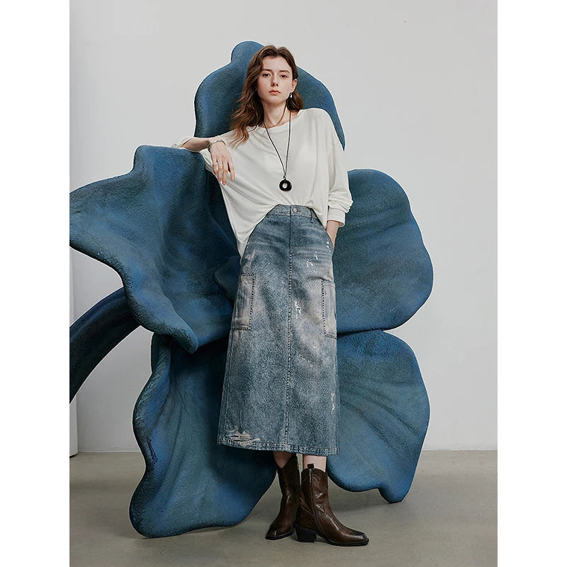 TOYOUTH Denim Skirt 2025 Spring New Vintage Printed High Waist Ankle Length H Shape Skirt