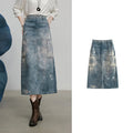 TOYOUTH Denim Skirt 2025 Spring New Vintage Printed High Waist Ankle Length H Shape Skirt