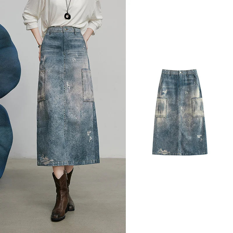 TOYOUTH Denim Skirt 2025 Spring New Vintage Printed High Waist Ankle Length H Shape Skirt