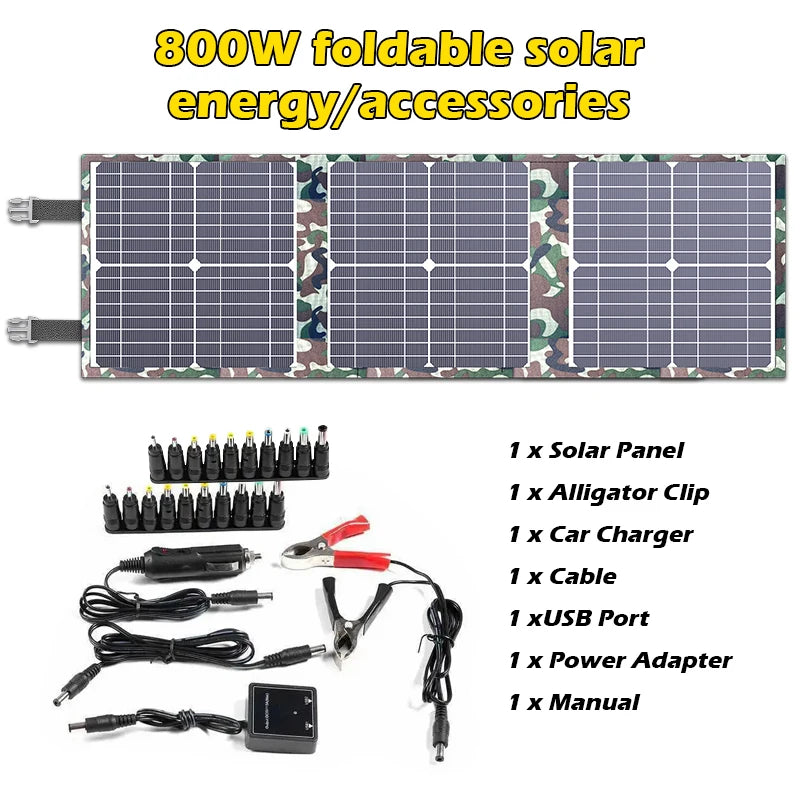 800W Foldable Solar Panel Portable Solar Charger 12v Battery Power Station 5V USB Mobile Phone Power Bank Laptop Camper Hiking