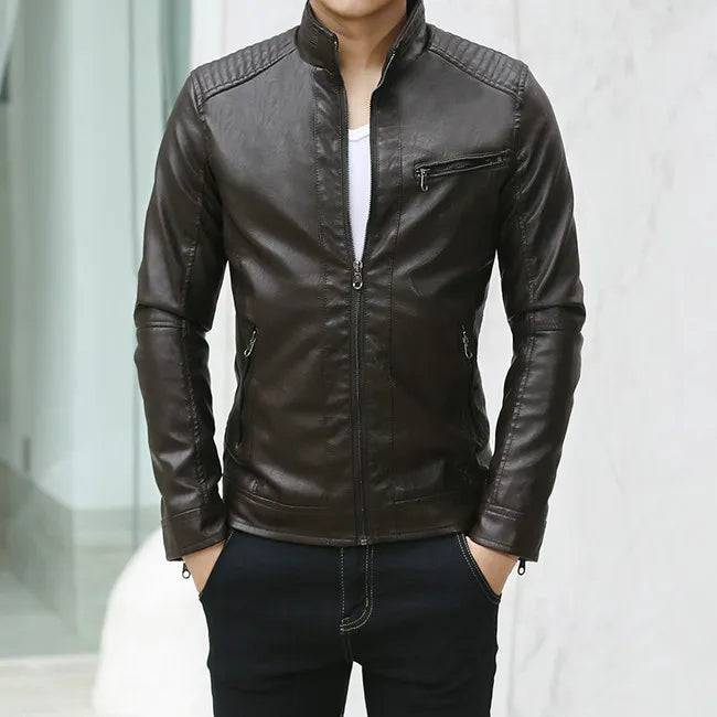 New Spring Men's Leather Jackets Stand Collar Motorcycle Pu Casual Slim Fit Coat Outwear Drop Shipping ABZ174