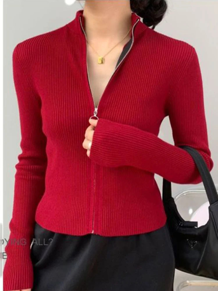 Spring Autumn Zipper Cardigan Women Sweaters Knitted Long Sleeve Stand-up Collar Tops Korean Fashion Short Sweater for Female
