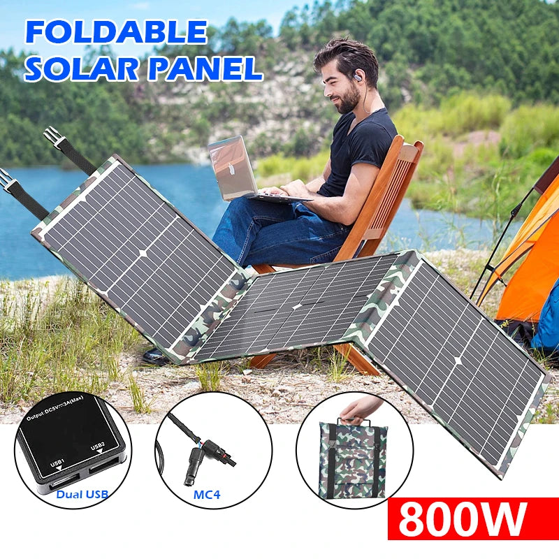 800W Foldable Solar Panel Portable Solar Charger 12v Battery Power Station 5V USB Mobile Phone Power Bank Laptop Camper Hiking