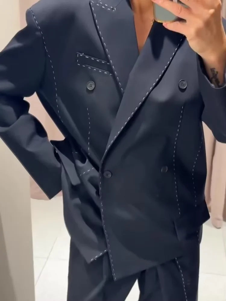Fashion Line Women's Blazers Coat Shoulder Pads Long Sleeve Lapel Female Jackets 2026 Spring Doubel-breasted Office Lady Coats