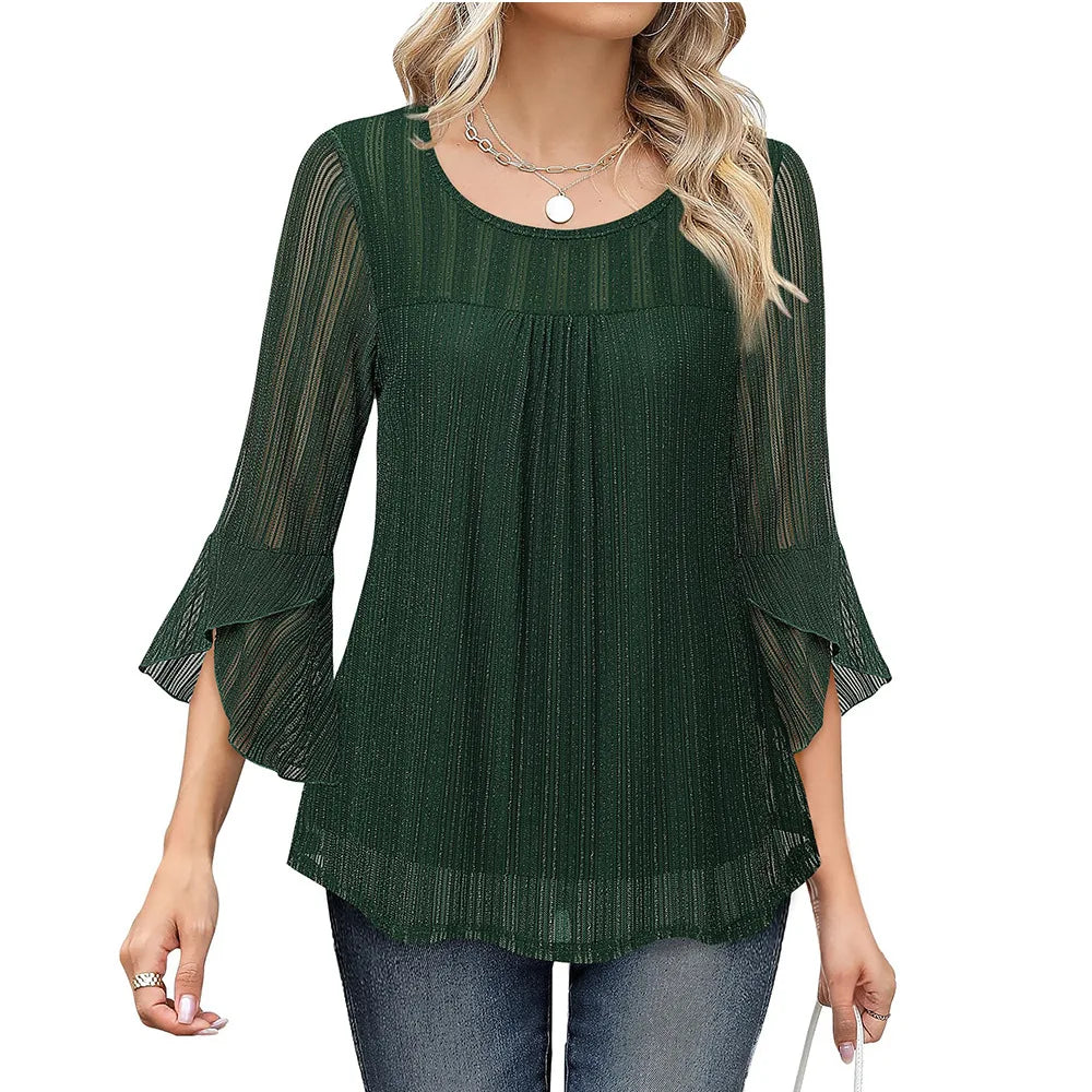 Women Fashion Blouses Flare Sleeve Elegant Ladies O-Neck Tunic Tops 2025 New Spring Summer Casual Ruffles Mesh Patchwork Shirts