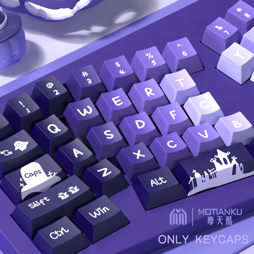 138/158 key with purple-black color scheme and anime-style keycaps, made of PBT material, with five-sided printing technology